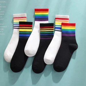 1 Pair New Arrival Cotton Elasticity Sweat Women Long Sock Candy Colors Rainbow Striped Sporty LGBT Retro Harajuku Casual Socks