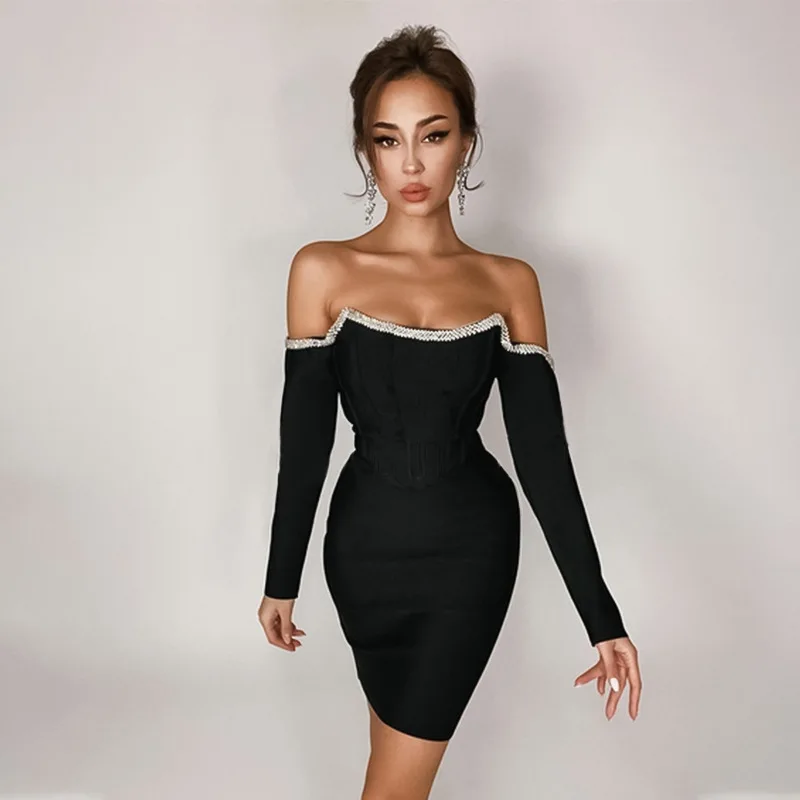 

High-quality Fashion Diamond Little Black Dress Bandage Dress for Women Summer Sexy Luxury Club Celebrity Party Lady Dress