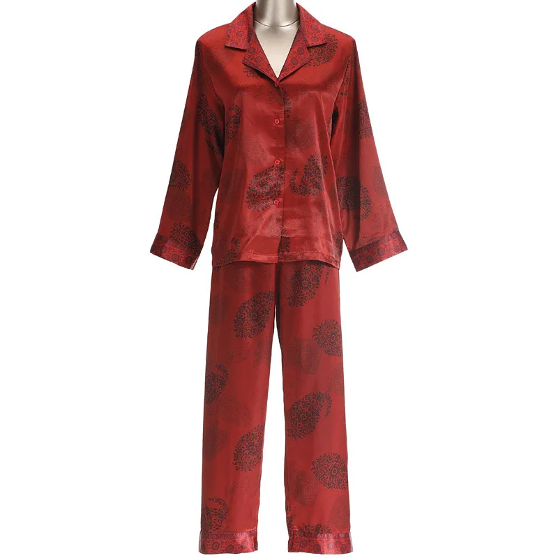 Red Printed Silk Pajamas for Women Long-Sleeve Button-down Satin Pajama Set Couple Pajama Set Silk Sleepwear Drop Shipping
