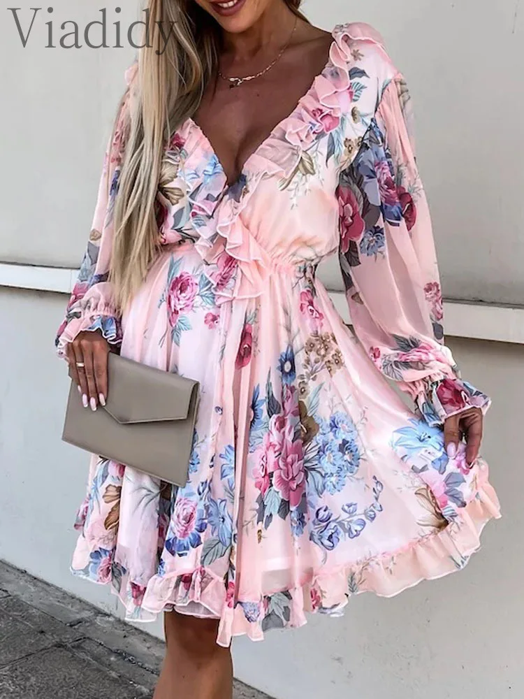 

Women Sexy Chiffon V-Neck Floral Print Ruffles Flare Sleeve Tied Waist A-Line Dress