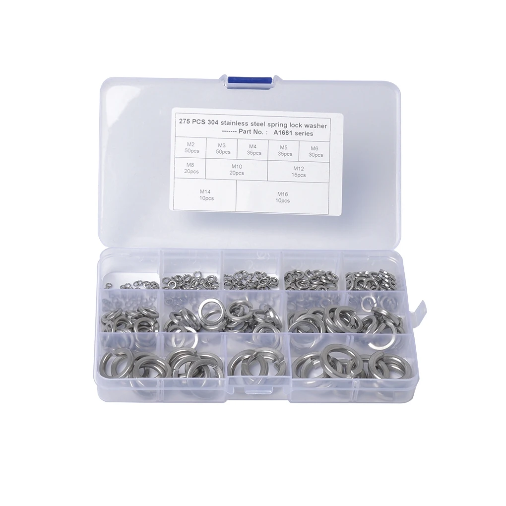 

275PCS Set Stainless Steel Spring Washers M2-16M Split Lock Washer Gasket Repair Accessories Kit 10 Sizes