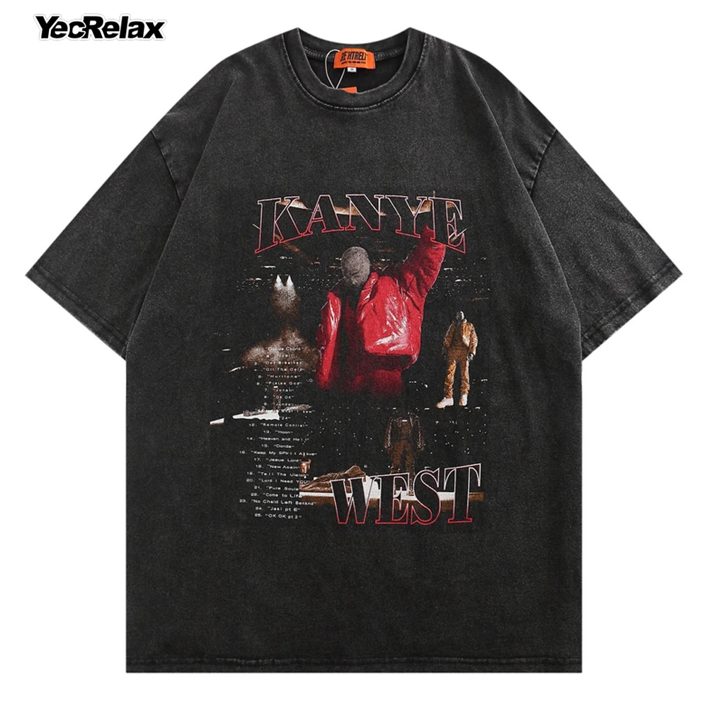 

2022 Oversized T-shirt Men Washed Rapper Graphic Print T Shirt Vintage Distressed Streetwear Cotton T-shirt Harajuku Hip Hop Top