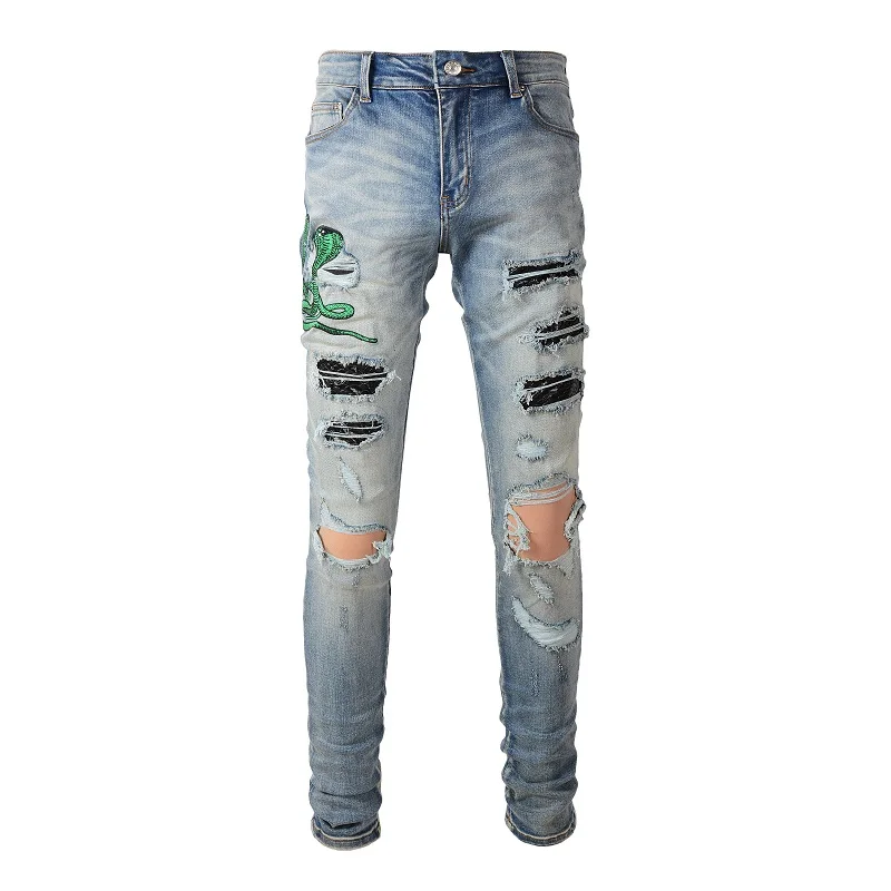 

New Arrivals Men's Light Blue Streetwear Fashion Slim Fit Embroidered Snake Pattern Skinny Stretch Destroyed Holes Ripped Jeans