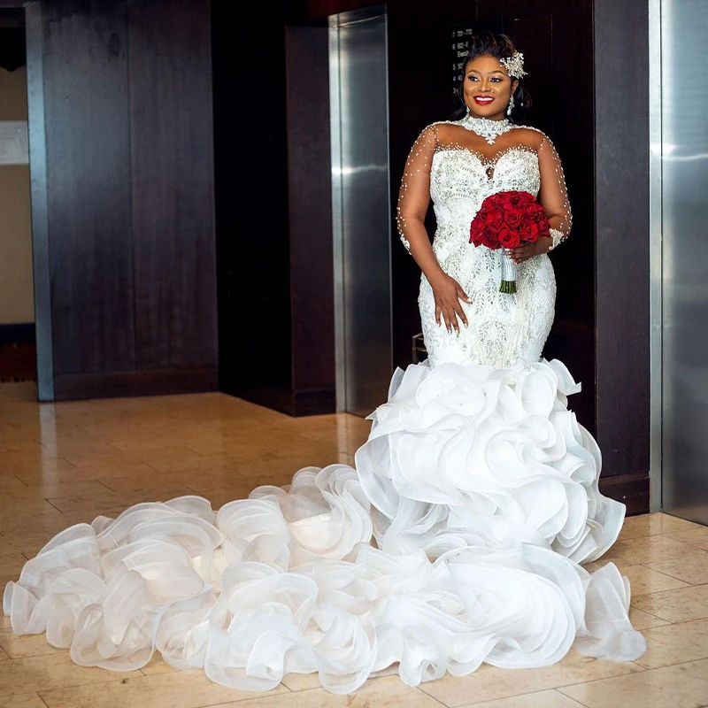 

Африканское свадебное платье с юбкой-годе, с высоким воротником и длинным рукавом, с каскадными оборками, женское свадебное платье с бисером для церкви, на заказ