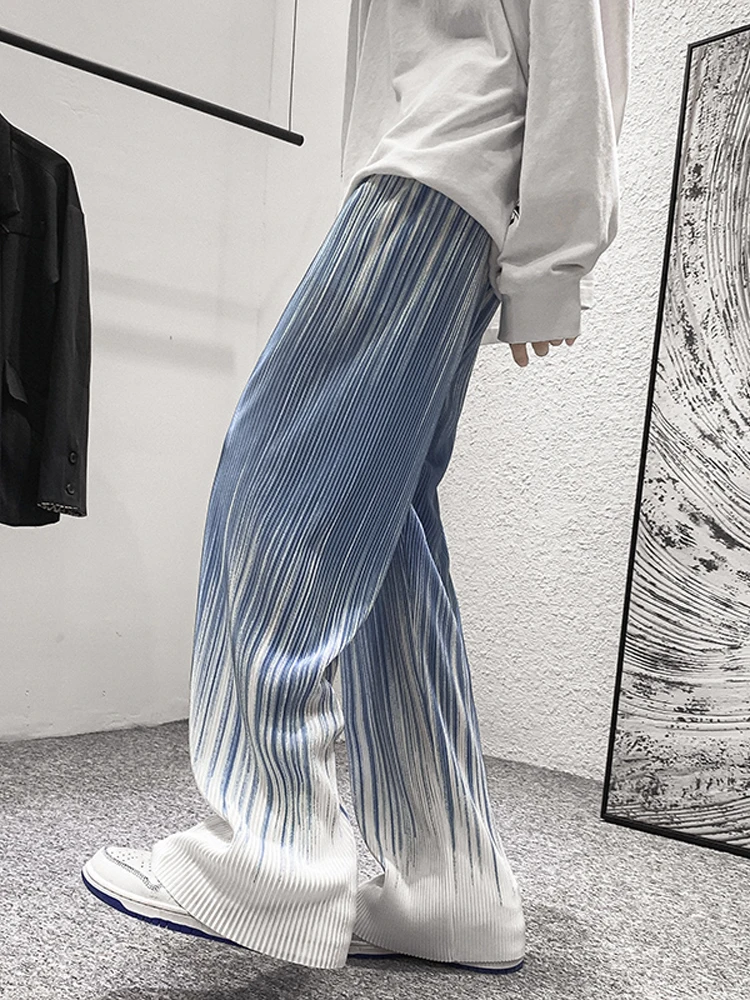 

Men New Summer Tie Dyed Pleated Straight Pants Men's Fashion Design Cool Drape Trouser Men Casual Wide Leg Straight Pants A29