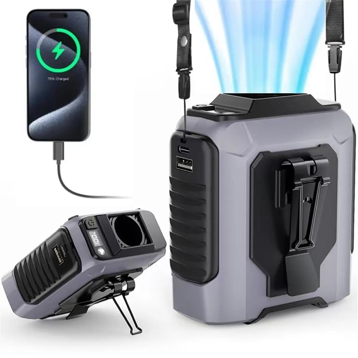Фото Портативный поясной вентилятор с LED-подсветкой и функцией Power Bank, 3600 мАч, для активного отдыха, серый №3