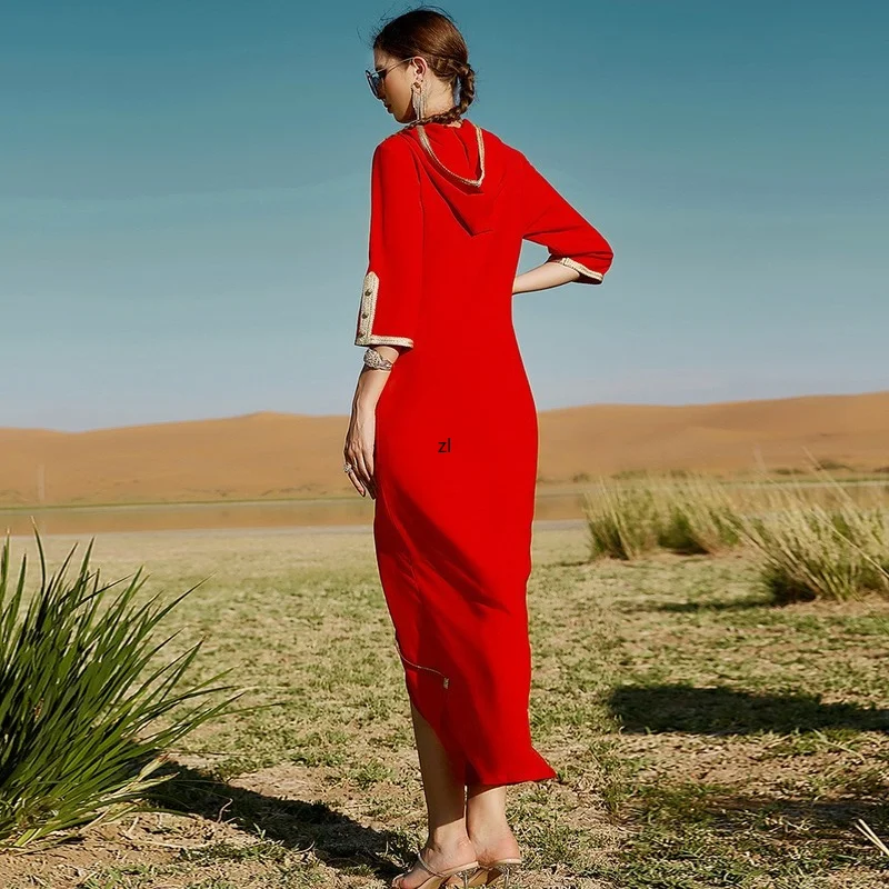 Handcraft Red Moroccan Kaftan Sfifa Ribbon Braid Muslim Dress Women Saudi Arabia Abaya Dubai Eid Mubarak Islam Party Evening