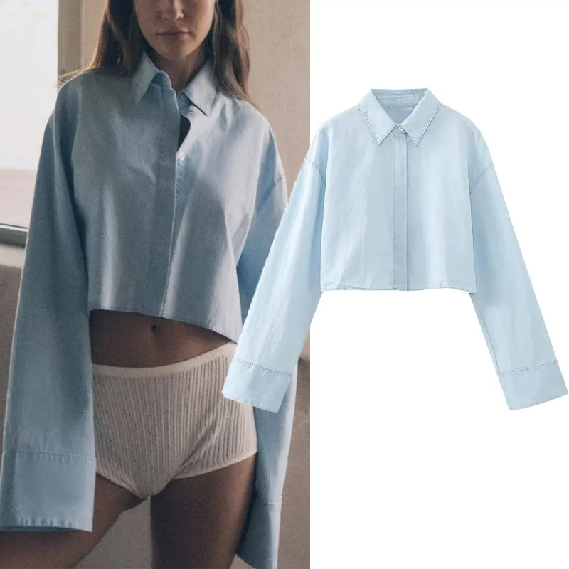 

TRAF Womens Cross Back Crop Shirt Fashion Blue Long Sleeve Short Shirt Elegant Backless Single Breasted Top Office Ladies Tops