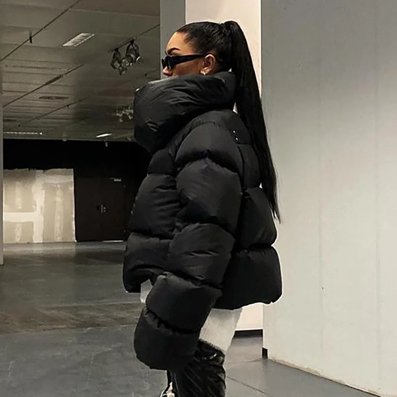 Winter Oversized Black Bubble Coats Women 2022 Fashion Zipper Scarf Collar Puffer Short Jackets High Street Outwear Casual Parka
