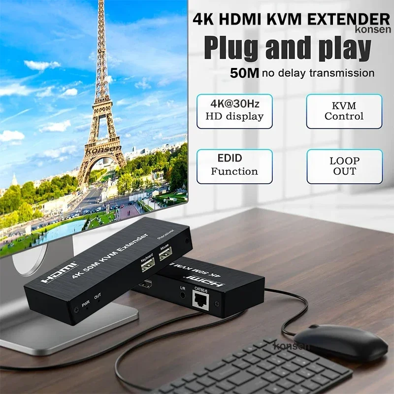 4K 50 м квм HDMI удлинитель через Ethernet Rj45 Cat5e/6 кабель USB с выходом Поддержка мыши
