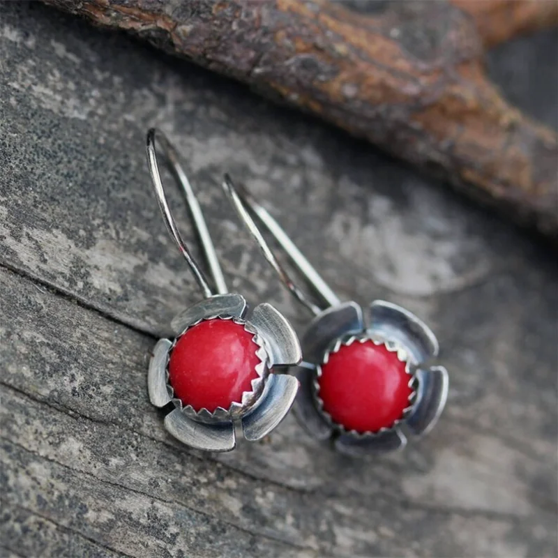 

Vintage Silver Color Craftsman Carved Flower Petal Earrings Inlaid with Red Stone Women's Hook Shaped Dangle Earrings