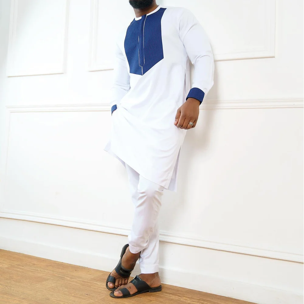 

Africa Men 2 Pieces Set Long Sleeves Tops Pants For Men Fashion Muslin Dubai Tops For Party O-neck White Blue Set Clothing