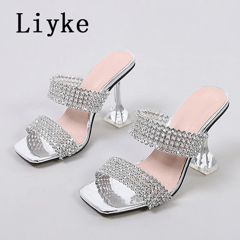 

Liyke New Brand 9CM Strange High Heels Women Slippers Fashion Transparent PVC Rhinestone Sandals Summer Party Prom Shoes Ladies