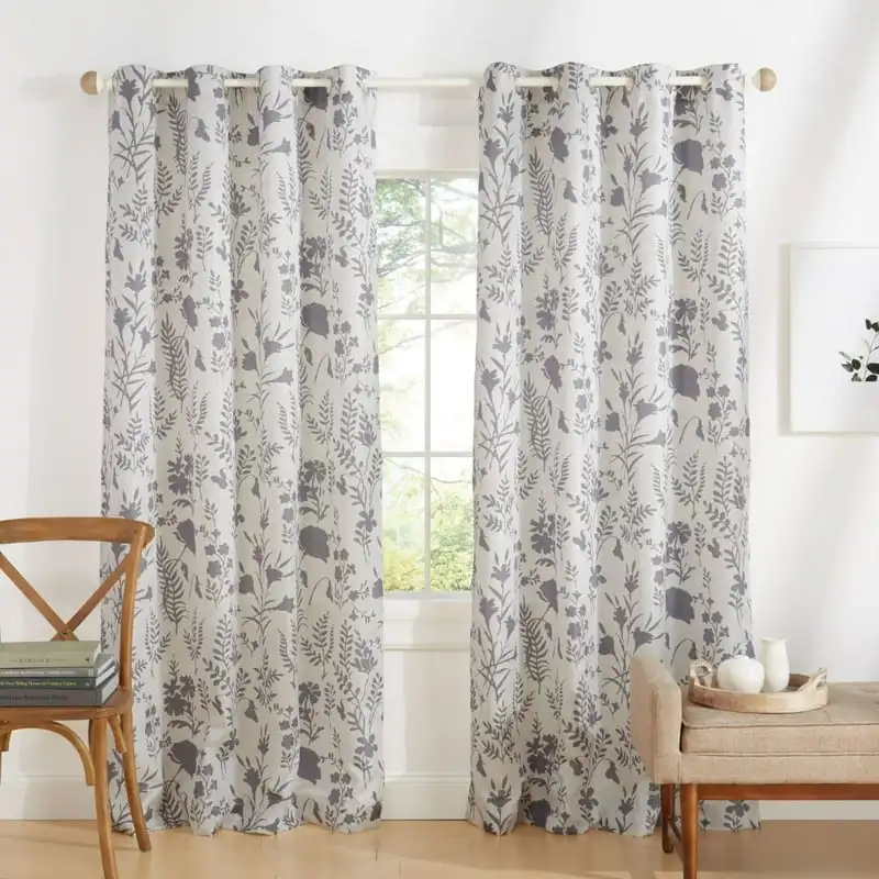 

Floral Light Filtering Grommet Top Curtain Panel Pair, 54"x84", Dark Grey, Set of 2