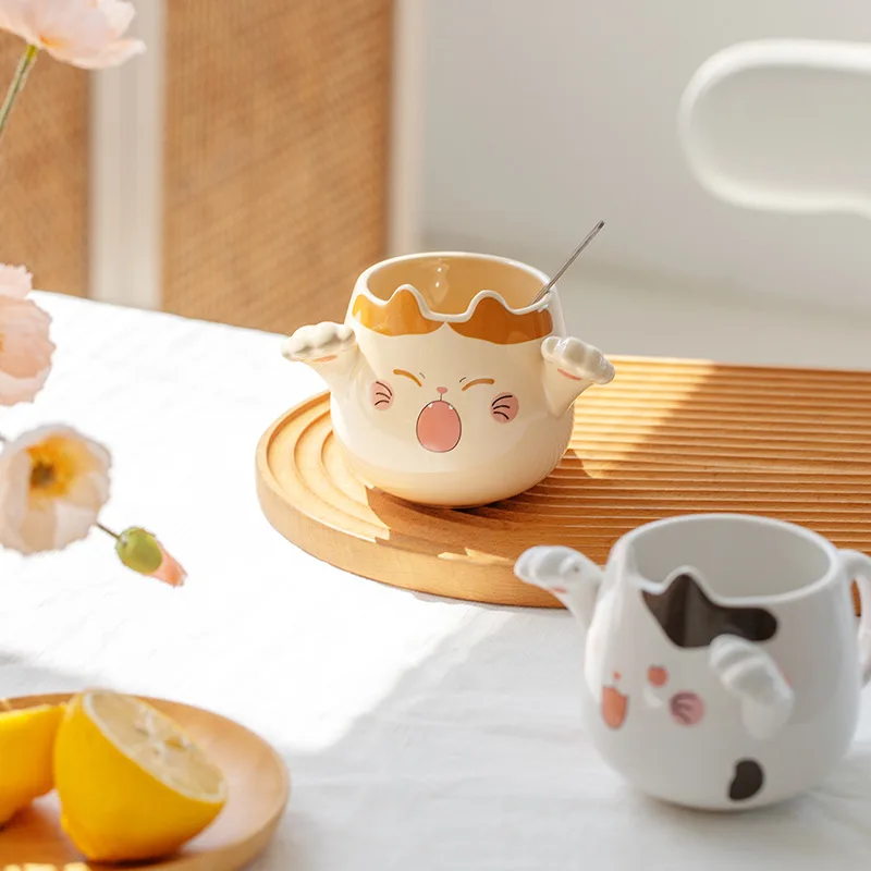 

Cartoon cute cat mug with spoon creative cat claw ceramic cup coffee milk tea oatmeal large animal cup кружка с котом фарфор