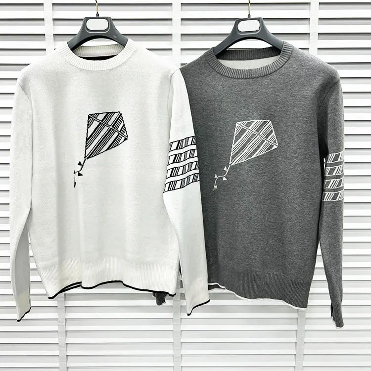 

TB BROWIN Women Sweater Wool O-Neck Long Sleeve Top Slim Knitted Pullover Kite Men Sweater Korean Design Striped