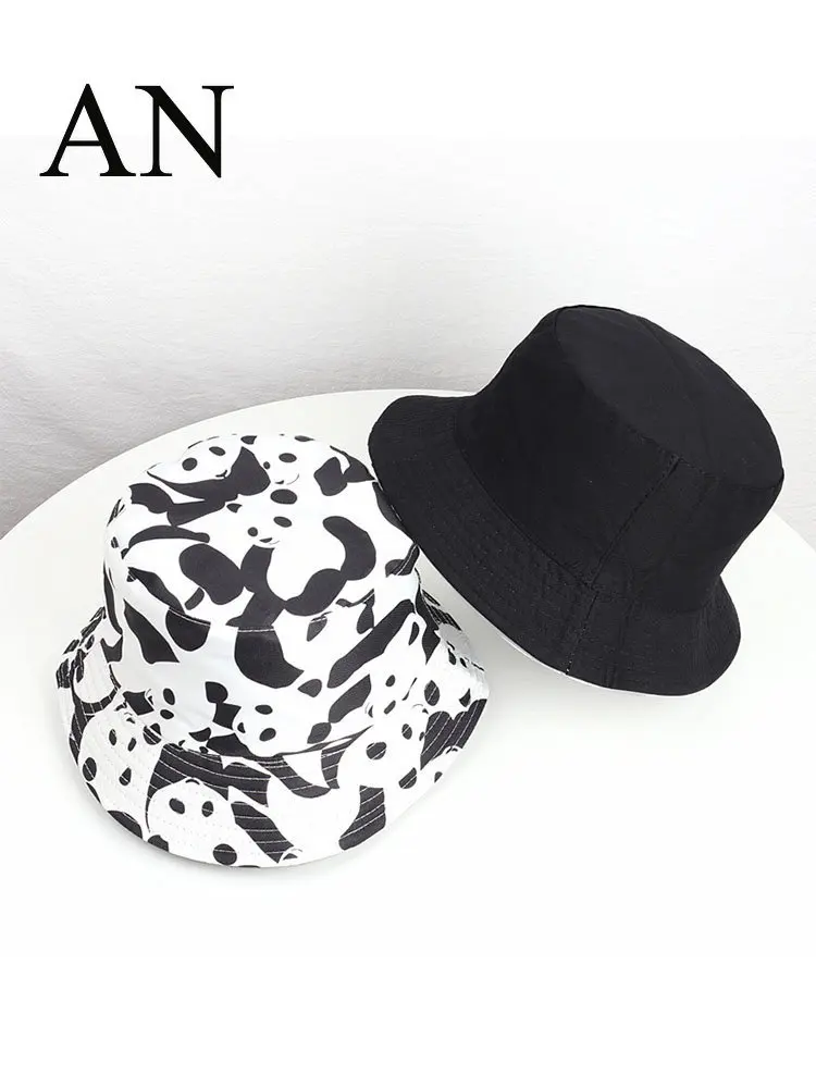 

New Fashion Panda Fisherman Bucket Hat Double-sided Female Sunshade Joker Cute Cartoon Printed Basin Hat Outdoor Caps for Women