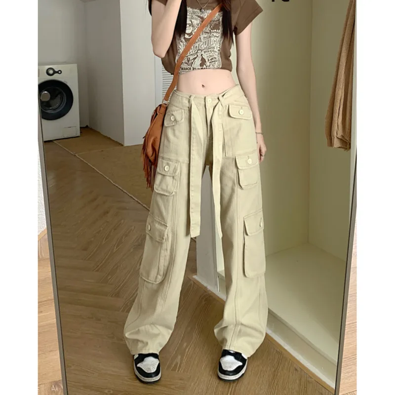 

2023 Women Retro Jeans Women's High Waist Straight Pants Summer Safari Style Loose Wide Leg Pants Overalls Long Pants