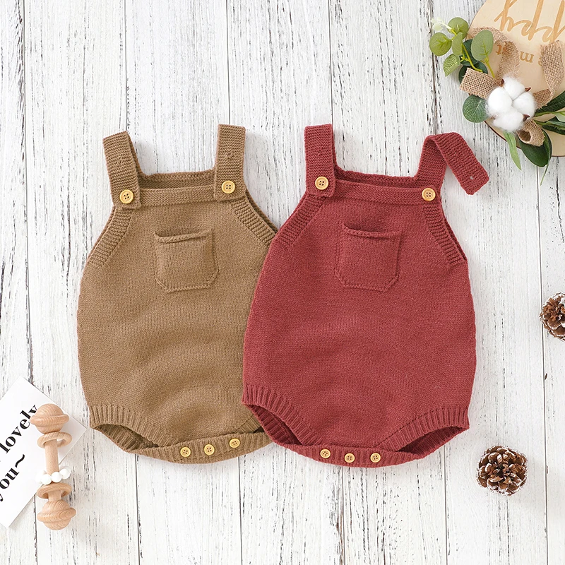 

Baby Girls Knit Romper Sleeveless Solid Fall Romper with Pocket for Casual Daily