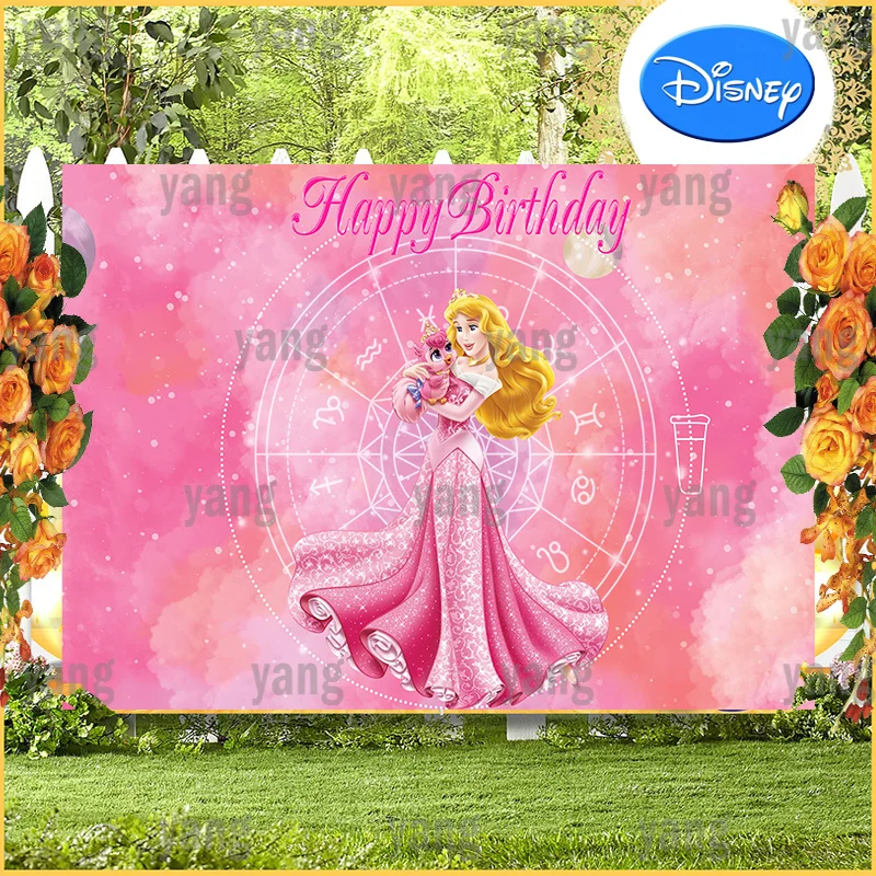 Cartoon Compass Pink Backdrop Custom Party Sleeping Beauty Blonde Hair Girls Princess Aurora Disney Happy Birthday Background
