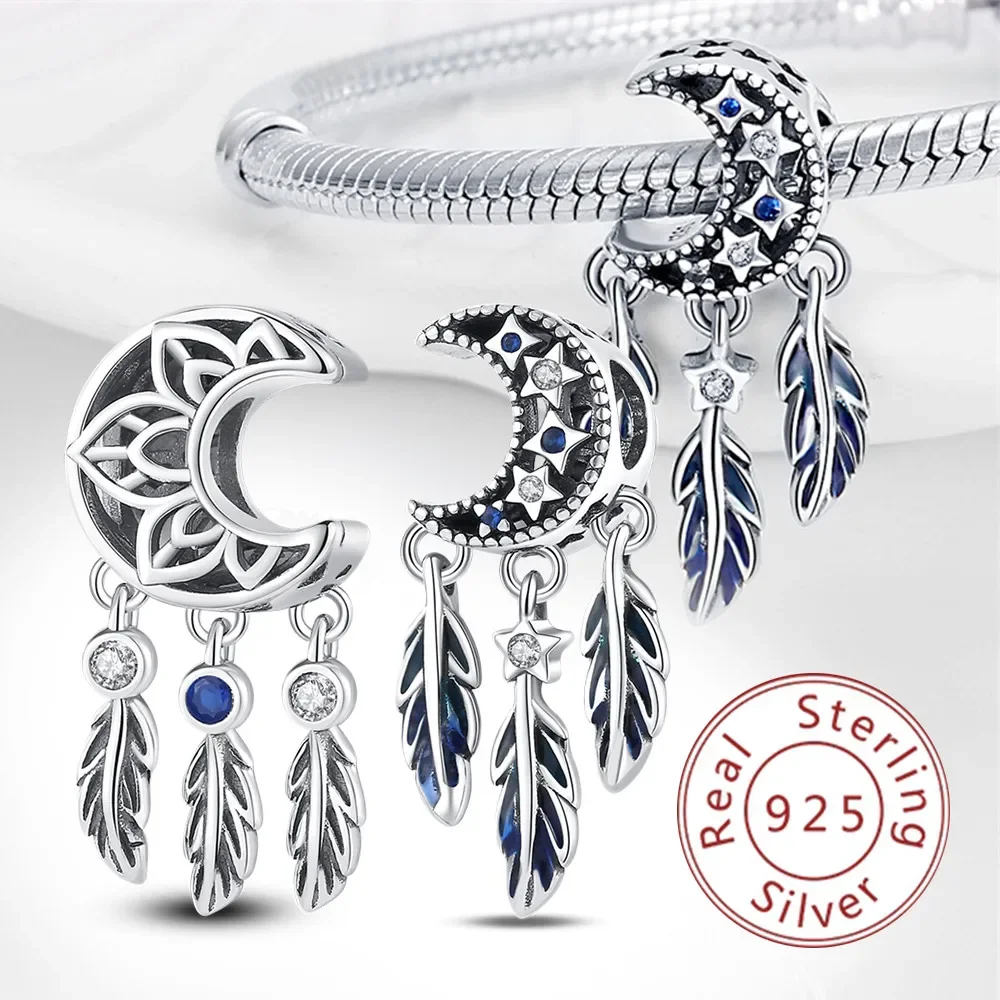 Серебро 925 Подвески В Виде Лунного Пера ловец Снов Для Браслетов Pandora