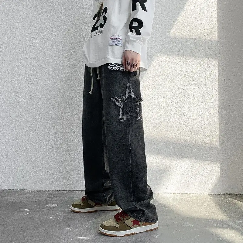 DEEPTOWN Men's Straight Jeans with Embroidery Stars Y2K Loose Casual Patch Youth Trousers Male Black Washed hip hop Streetwear