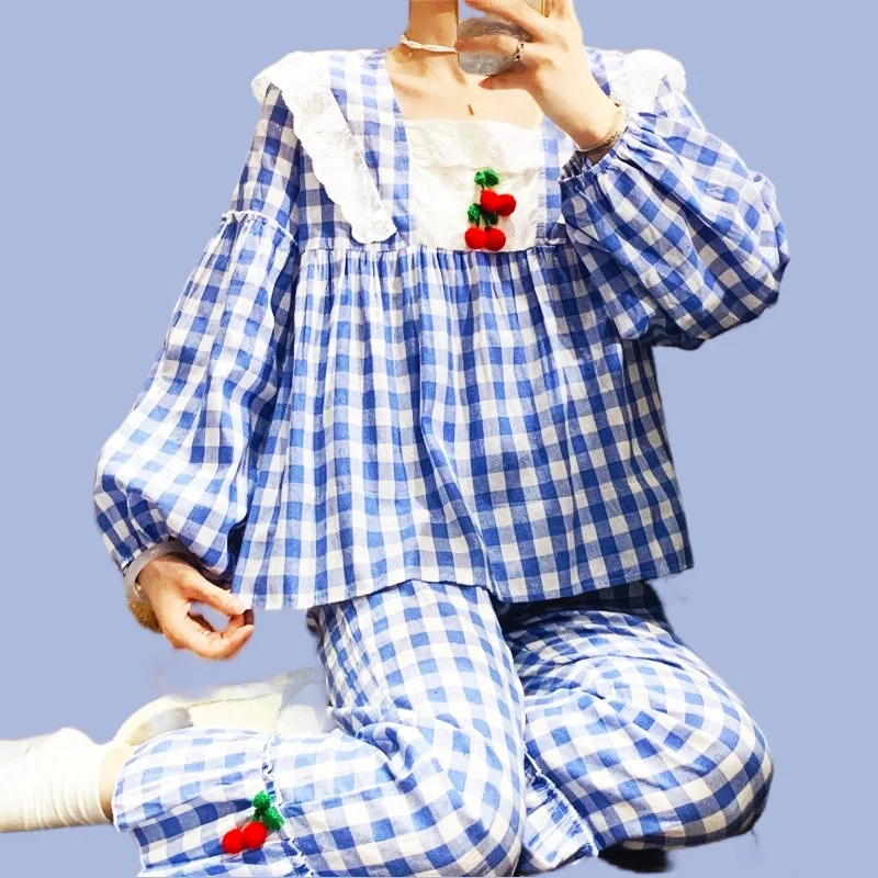 Cute Pajamas Set Full Sleeve T-shirt Long Pants 2Piece/Set Sweet Print Pink Pyjama Big Size Mom Homewear Cozy Plus Sleepwear