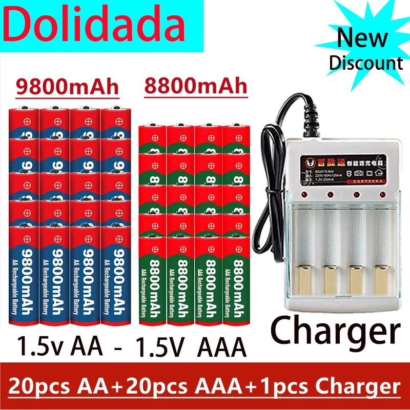 

1.5V AA 9800Mah 1.5V AAA 8800Mah Alkaline Oplaadbare Batterij Met Oplader Voor Computer Klok Radio Video Game Digitale Camera