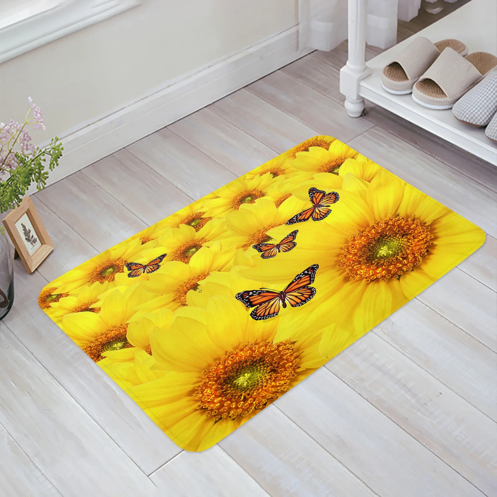 

Коврик для входной двери с желтым подсолнухом, бабочкой, растением, нескользящий напольный ковер для гостиной, коврик для ванной, кухни