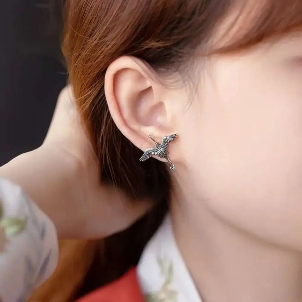 

Copper Crane Stud Earrings Exquisite Chinese Style Electroplate Fashion Jewelry Retro Ear Studs Daily Life