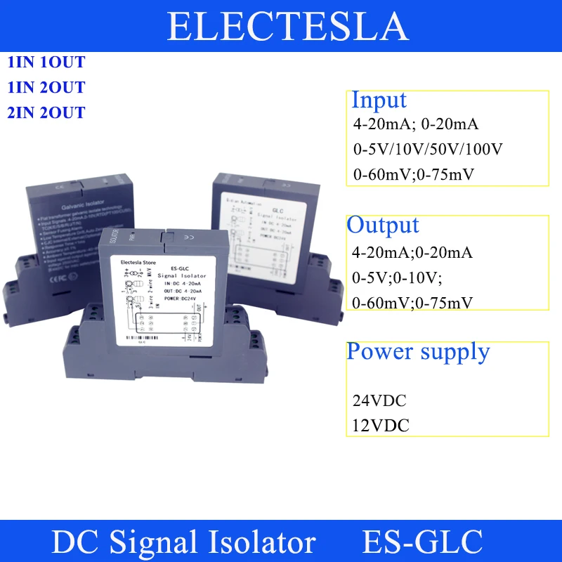 

GLC 4-20mA Analog Signal Isolator 1Input 2 Output 0-10V Signal Transducer 24VDC Power Supply