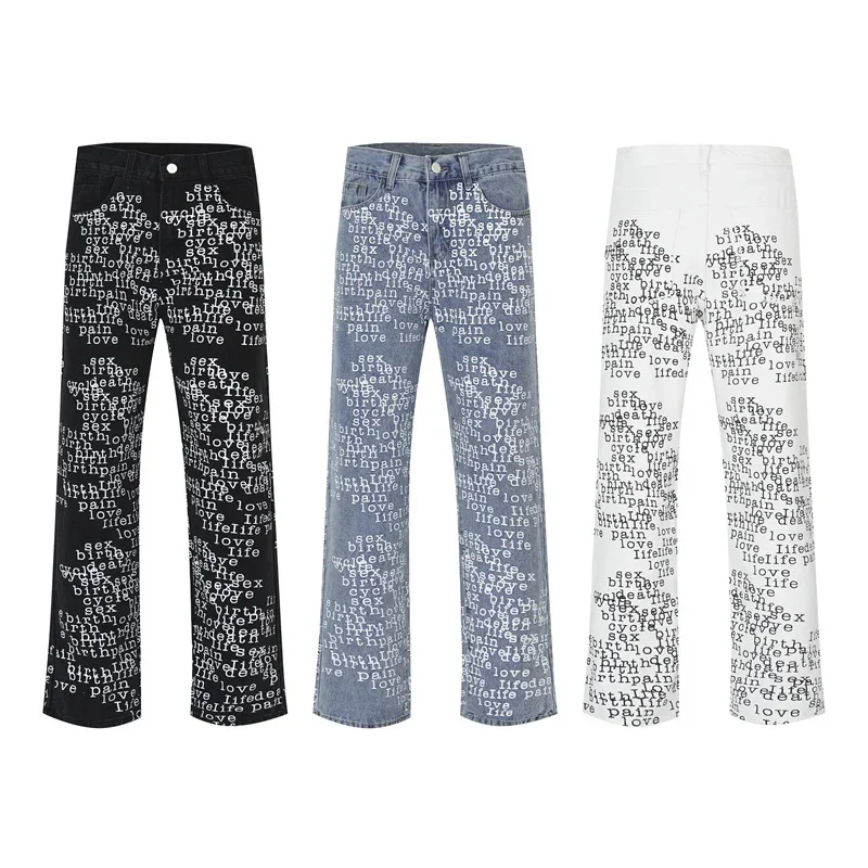 

Потертые и состаренные джинсы с принтом букв для мужчин и женщин в том же стиле, американские уличные модные брендовые брюки