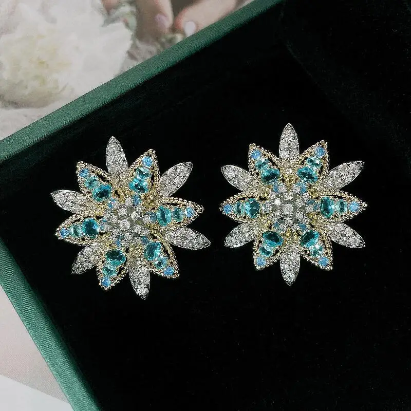 

Big Flower Stud Earrings Color Zirconia Micro-inlay Fashion Wedding Jewelry Luxury Multi-layered Petals SENYU Bridal Earrings