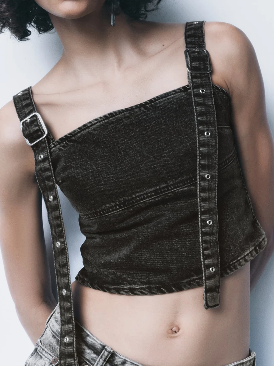 

Metal Buckles Elegant Denim Camisole Women Sexy Strapless Backless Slim Camis Female Crop Tops Fashion Streetwear Woman Clothing
