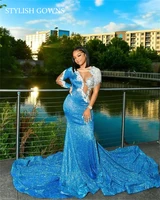 charming lake blue long prom dresses beaded appliques birthday party dress black girls evening gown nigeria robe de soir%c3%a9e femme