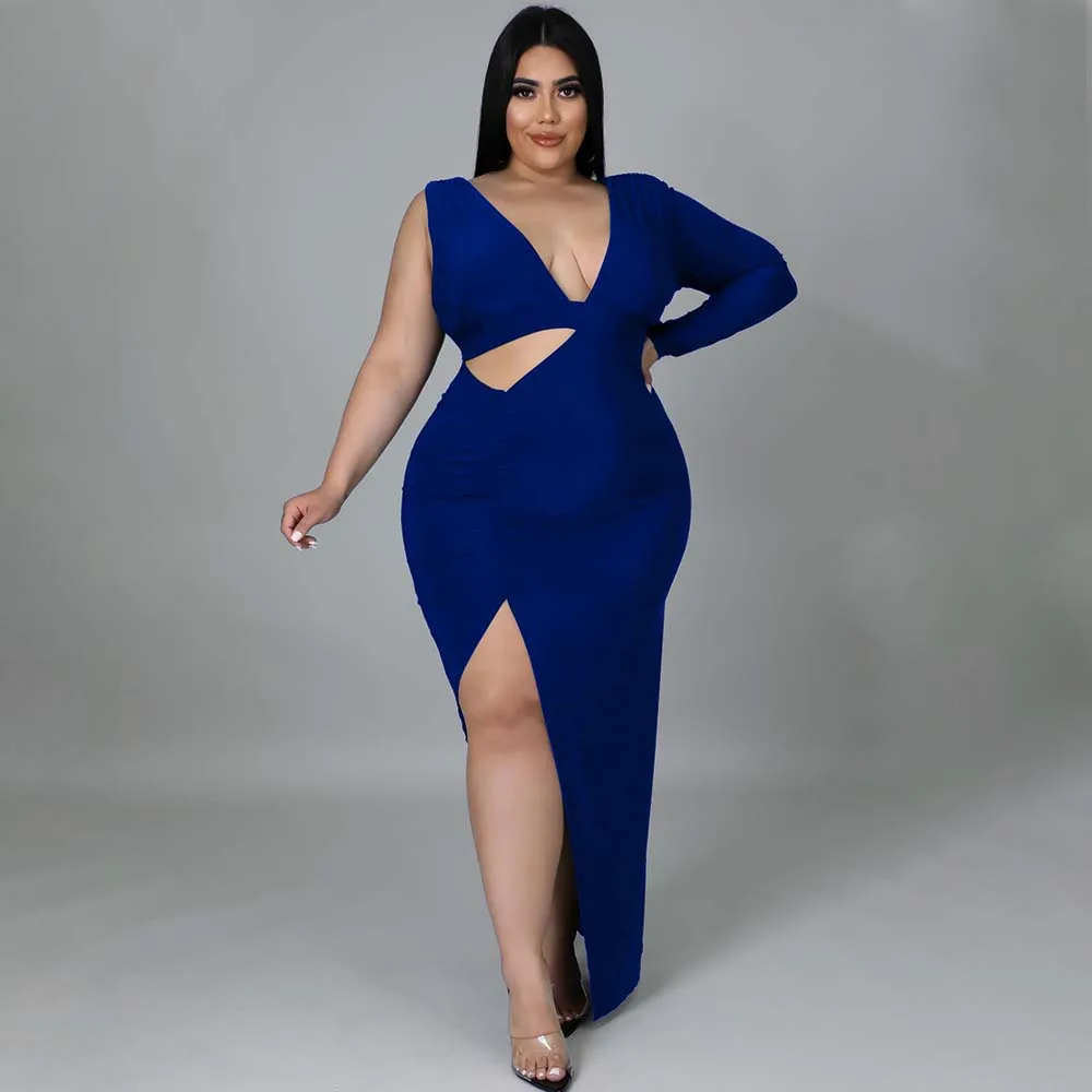 

Plus Size Dress Sexy Solid Color Single Sleeve Sexy Hollow Out Dress Western Plus Size Women's Nightclub Party Dress Summer 2022