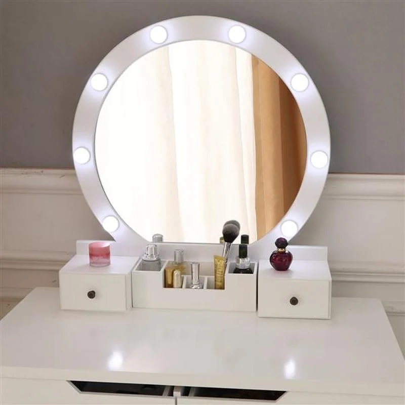 

Dressing Table with Single Round Mirror with Bulb & 4 Drawers White