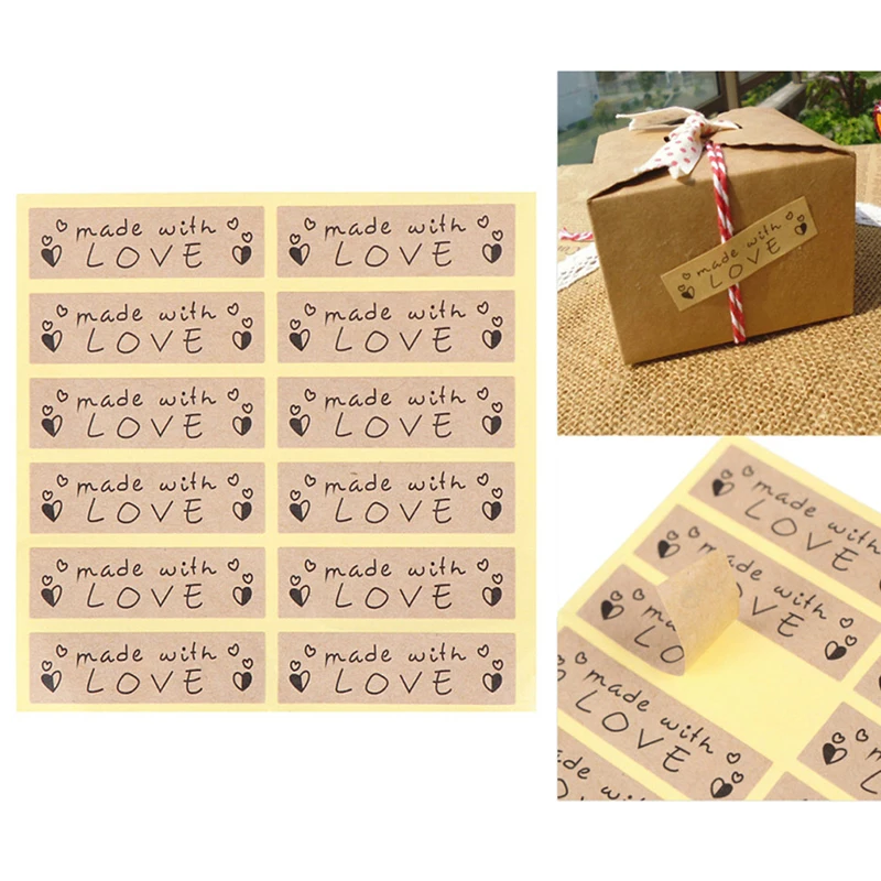 

60pcs Creative DIY Made With Love Kraft Sealing Stickers Paper Crafts Hand Made Labels Packaging Point Sticker