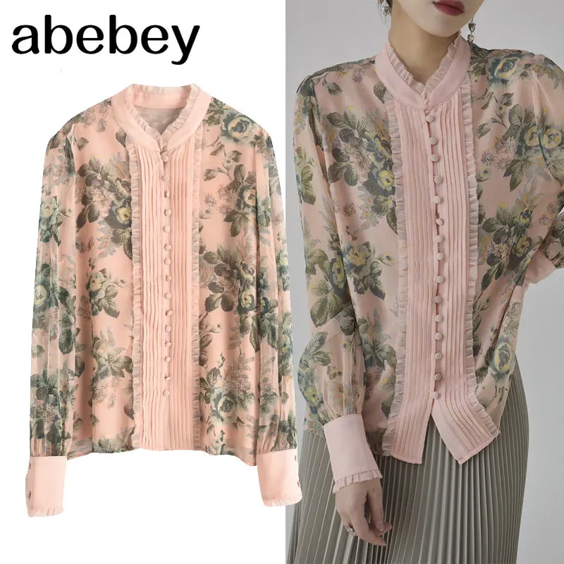 

Women Casual Blouses Floral Printing Stand Collar Single Breasted Chic Blouse Lady Office Button Up Spring Fall Moda