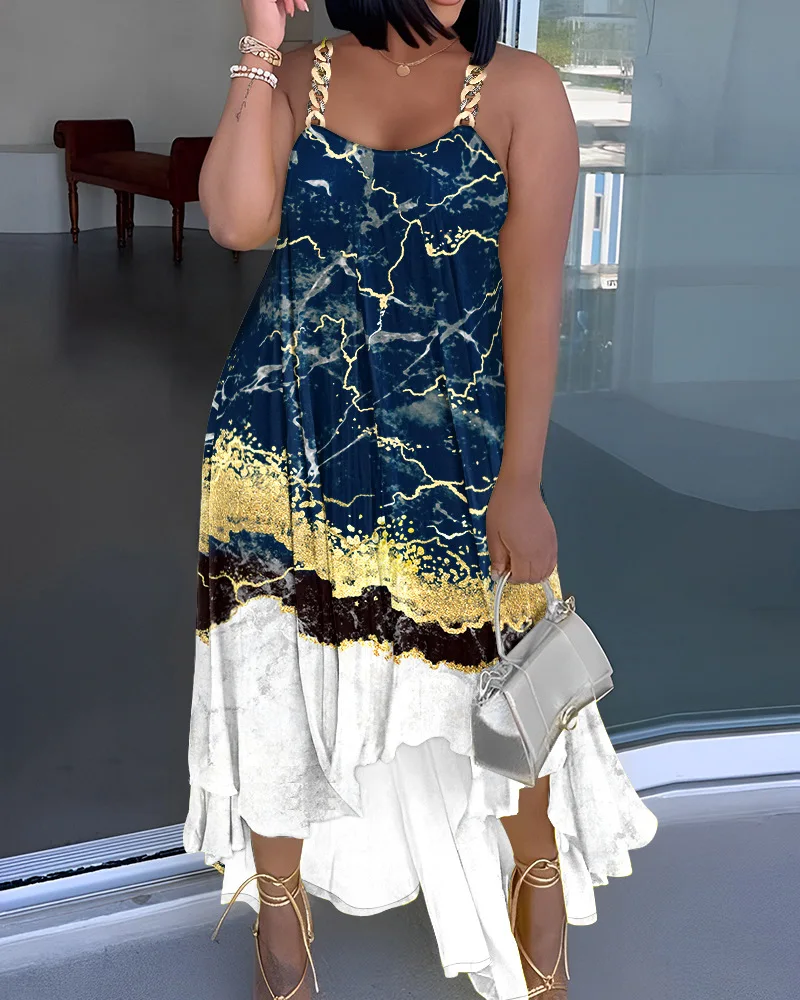 

Женское асимметричное платье на бретельках, Повседневное платье без рукавов с мраморным принтом и цветными вставками и оборками, весна-лето