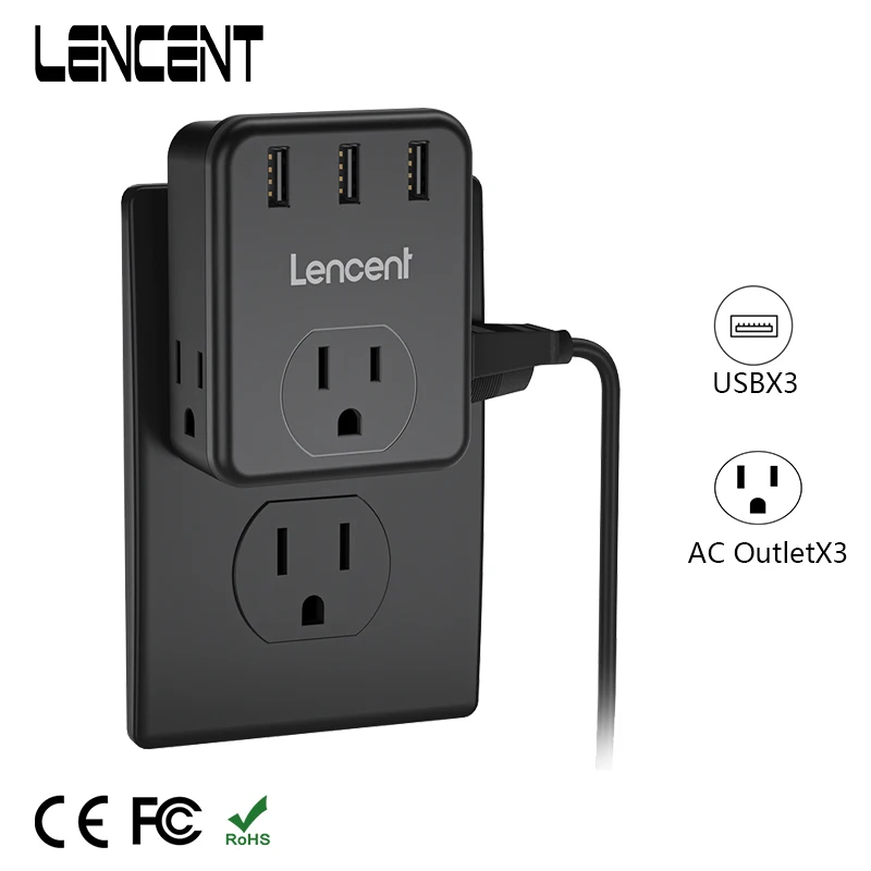

LENCENT US Multi Plug Outlet Wall Charger with 3 Outlets 3 USB Wall Charger 3-Side Widely Spaced Power Adapter for Home Office
