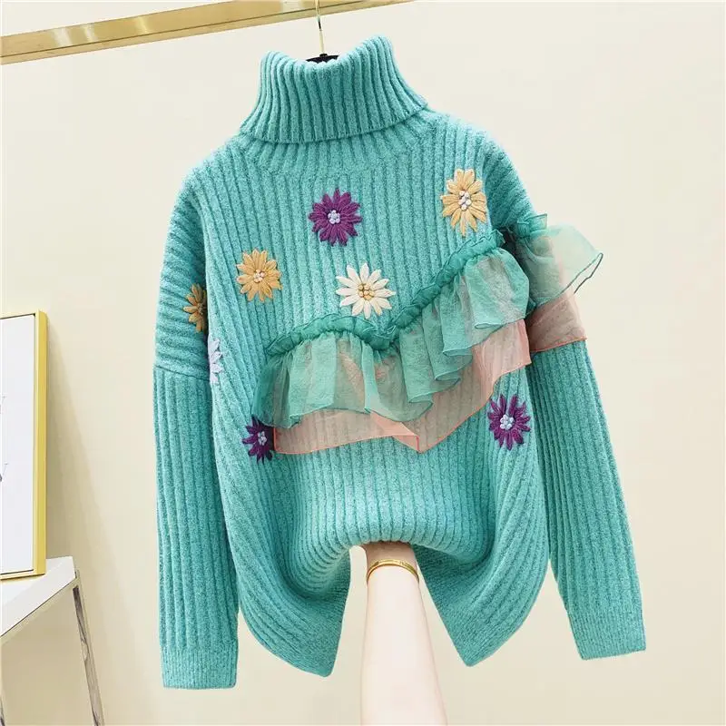 Flower crochet embroidery knitted sweater Koreanversion loosesweater womenhigh collar thickened mesh stitching three-dimensional