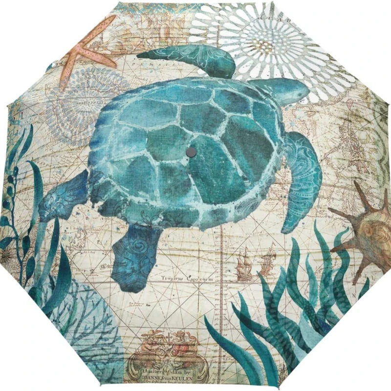 

Vintage Ocean Turtle Umbrella Automatic Open Close Sea Starfish World Map Anti-UV Umbrellas Compact Windproof Lightweight Paraso