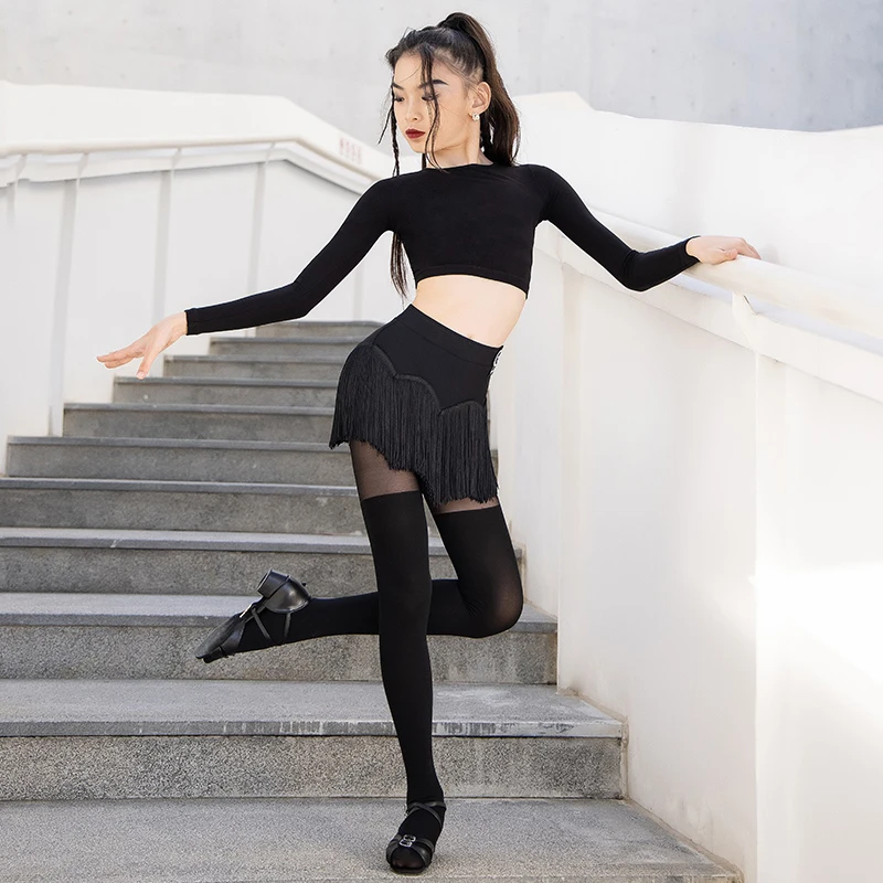 Костюм для латинских танцев девочек черный сетчатый топ с открытой спиной