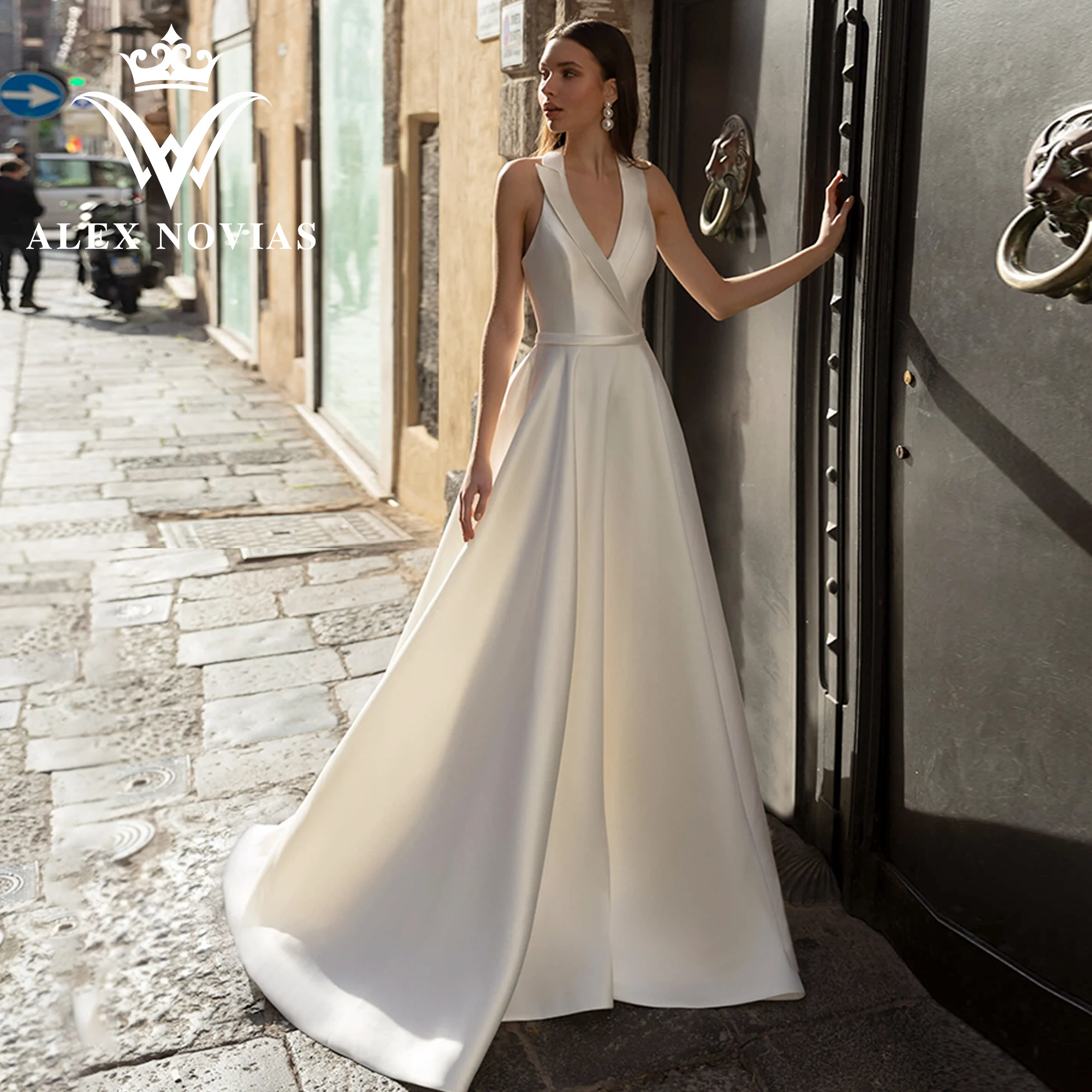 

Свадебное атласное платье-трапеция ALEX NOVIAS, новинка 2023, Гламурное свадебное платье без рукавов с V-образным вырезом и пуговицами, свадебные п...