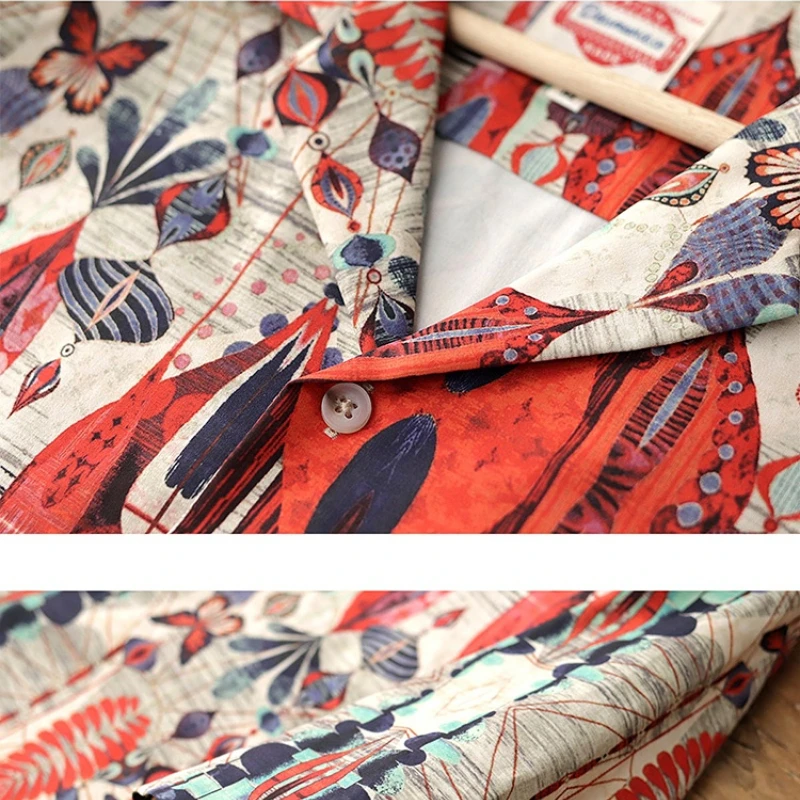 Summer short sleeve men's Japanese vintage vintage Hawaiian beach print loose casual Cuban collar shirt