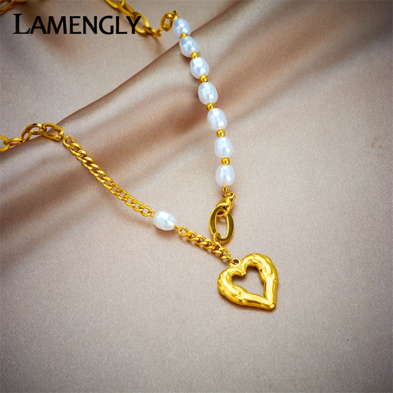 

LAMENGLY 316L Stainless Steel Pearl Hollow Heart Love Pendant Necklace For Women New Design Girls Link Chain Jewelry Party Gifts