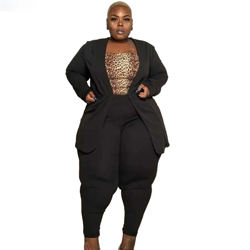 

Женский брючный костюм-двойка, блейзер большого размера, однотонный, Повседневный, для офиса