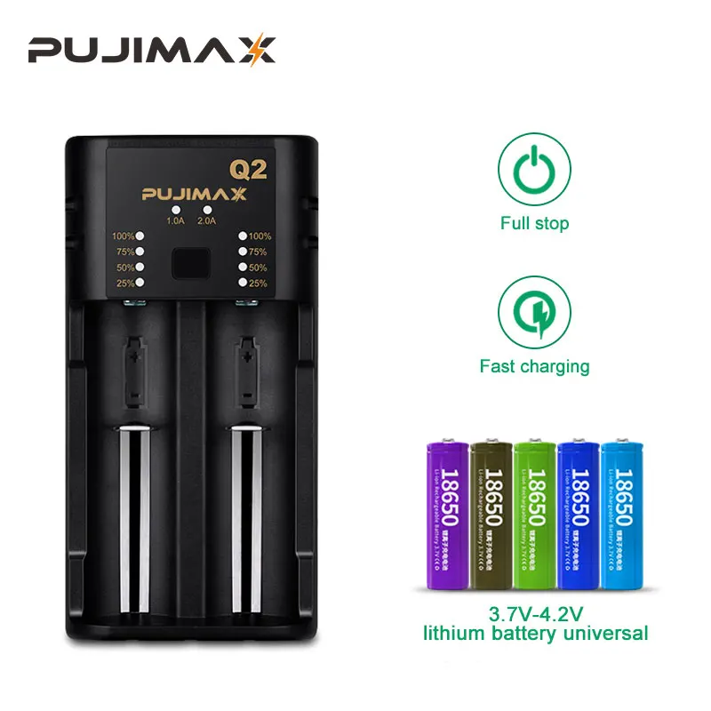 

PUJIMAX 2 Slots 18650 Smart Battery Charger Output Smart lithium Charging For 14500 26500 21700 Rechargeable Li-ion Battery