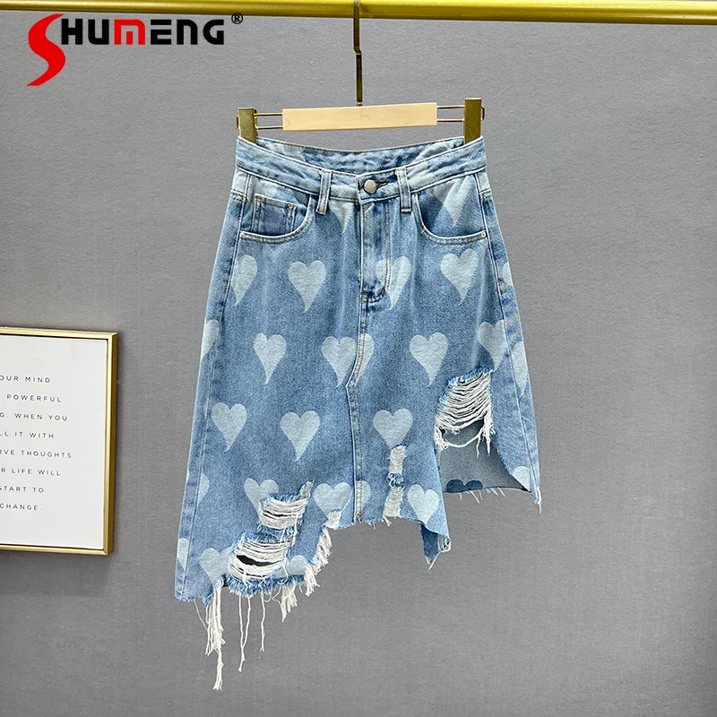 

Ripped Denim Skirt for Women 2022 New Summer High Waist Slimming Faldas Mujer Irregular Hip-Wrapped A-line Mid-Length Skirt